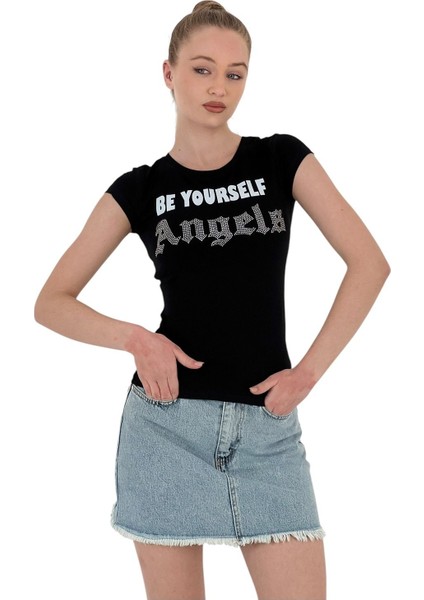 Kadın Angels Taşlı Baskı Kısa Kol Dar Siyah Tişört fiyatları