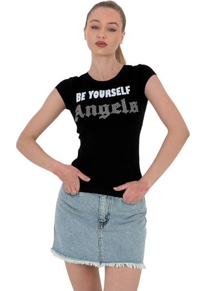 Kadın Angels Taşlı Baskı Kısa Kol Dar Siyah Tişört modelleri