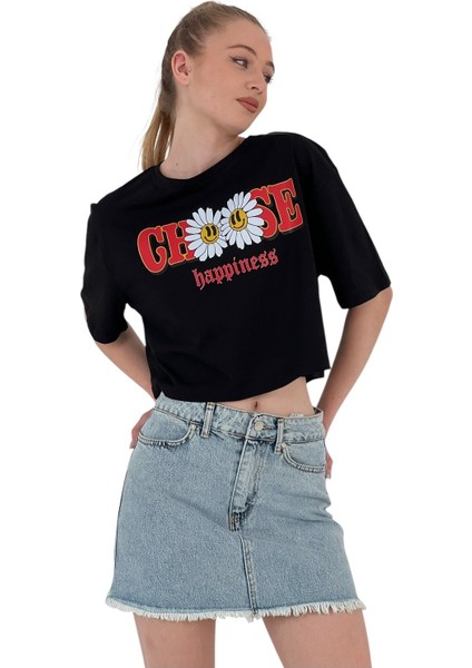 Kadın Oversize Çiçek Baskı Kısa Siyah Crop Tişört