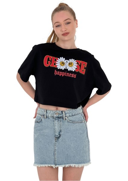 Kadın Oversize Çiçek Baskı Kısa Siyah Crop Tişört