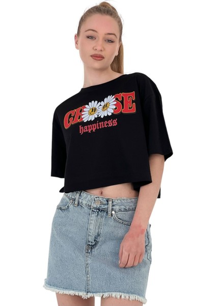 Kadın Oversize Çiçek Baskı Kısa Siyah Crop Tişört