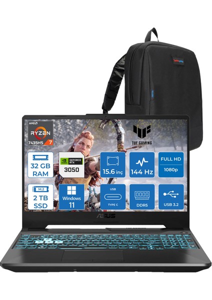 Tuf Gaming A15 FA506NCR Amd Ryzen 7 7435HS 32GB Ddr5 2tb SSD RTX3050 4gb 15.6" Fhd IPS 144HZ Windows 11 Pro Taşınabilir Bilgisayar HN034P11 + Zetta Çanta