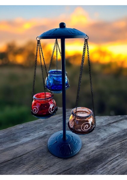 Ferforje Mumluk, 3'lü Mumluk, Şamdan, Cam Hazneli Metal Mumluk, Ayaklı Mumluk, Tealight Mumluk