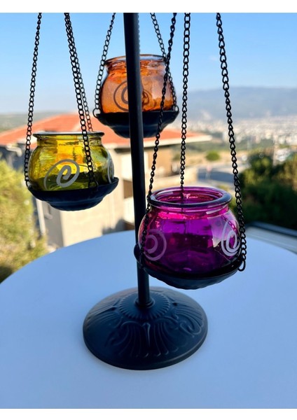 Ferforje Mumluk, 3'lü Mumluk, Şamdan, Cam Hazneli Metal Mumluk, Ayaklı Mumluk, Tealight Mumluk