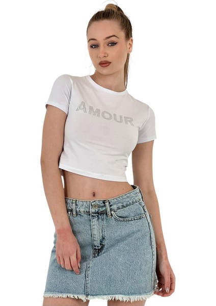 Kadın Taşlı Kısa Kollu Yazlık Beyaz Crop Tişört modelleri