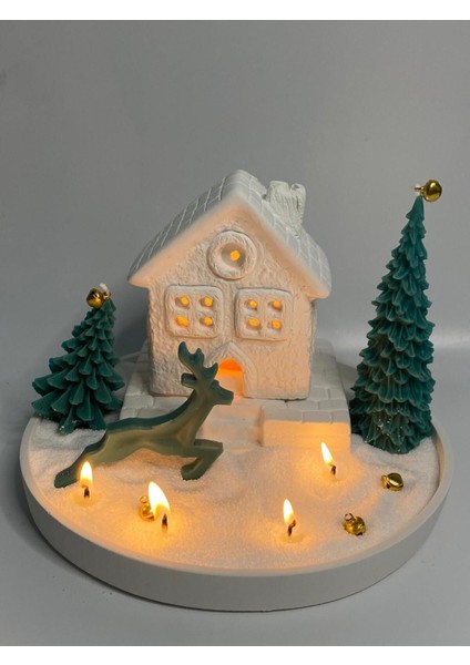 Yılbaşı Tealight Mumlu Ev Mumluk, Tabak, 2 Adet Çam Ağacı Mum, Inci Tozu Mum Seti