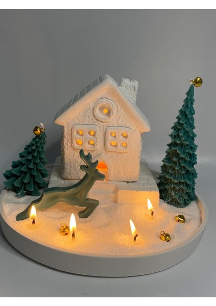 Yılbaşı Tealight Mumlu Ev Mumluk, Tabak, 2 Adet Çam Ağacı Mum, Inci Tozu Mum Seti fiyatları