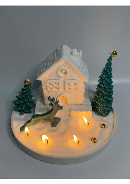 Yılbaşı Tealight Mumlu Ev Mumluk, Tabak, 2 Adet Çam Ağacı Mum, Inci Tozu Mum Seti indirimleri