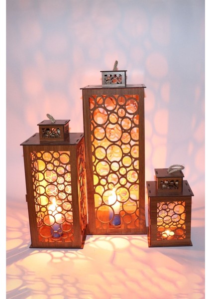 Ahşap Fener Mumluk Seti 3lü ( Baloncukmodel)