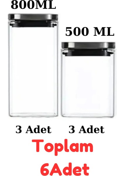 Vakum Krom Kapaklı Kare Cam Kavanoz 800ML 500ML Saklama Kabı 6 Adet