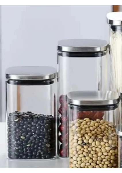 Vakum Krom Kapaklı Kare Cam Kavanoz 800ML 500ML Saklama Kabı 6 Adet