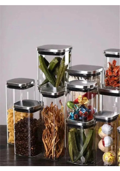 Vakum Krom Kapaklı Kare Cam Kavanoz 800ML 500ML Saklama Kabı 6 Adet