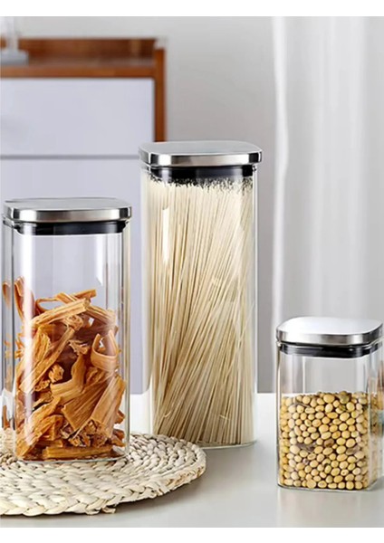 Vakum Krom Kapaklı Kare Cam Kavanoz 800ML 500ML Saklama Kabı 6 Adet