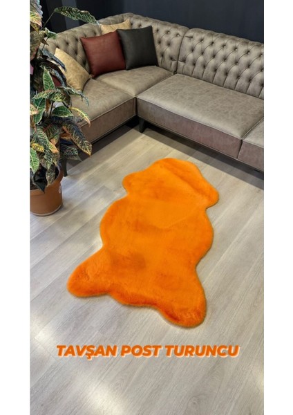 Tavşan Tüyü Turuncu Yumuşak Makinada Yıkanabilir Kaymaz ve Toplanmaz Süet Taban Post Halı