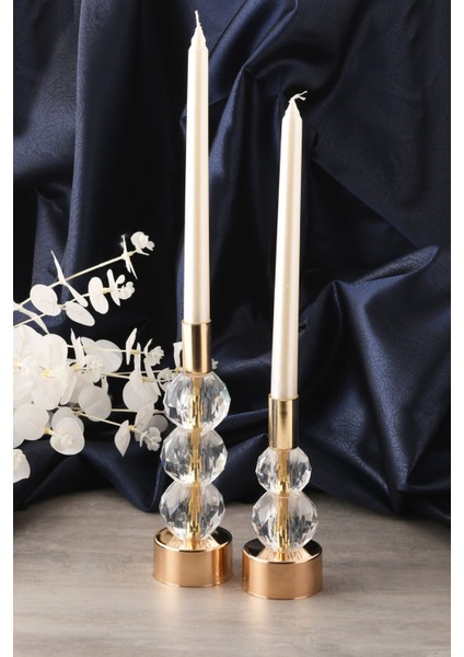 Horizon 2'li Şamdan Seti Gold Renk Şeffaf Kristal Görünümlü Dekoratif Metal Mumluk modelleri