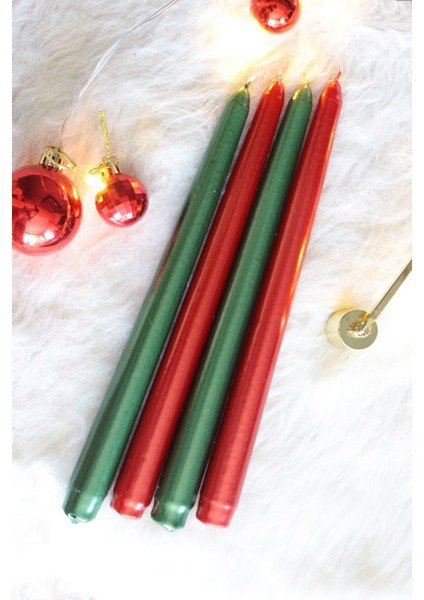 Premium Yılbaşı Özel Yeşil Kırmızı Renk Sedefli Konik Şamdan Mum - 4'lü Set