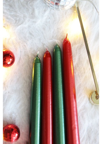 Premium Yılbaşı Özel Yeşil Kırmızı Renk Sedefli Konik Şamdan Mum - 4'lü Set fiyatları