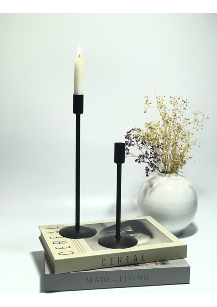 Siyah Metal Çubuk 2'li Şandan &mumluk