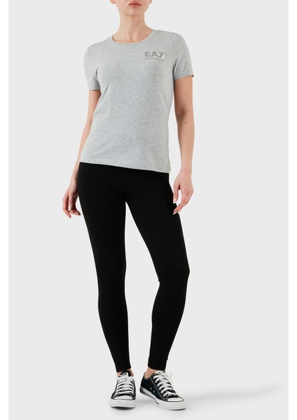 Taşlı Logolu Streç Pamuklu Regular Fit Yuvarlak Yaka T Shirt Bayan T Shirt 7W000492 AF10373 O8002