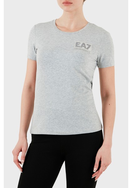 Taşlı Logolu Streç Pamuklu Regular Fit Yuvarlak Yaka T Shirt Bayan T Shirt 7W000492 AF10373 O8002