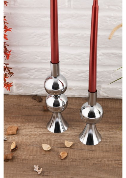 Elit 2'li Şamdan Seti Orta-Küçük Gümüş Renk Dekoratif Metal Mumluk modelleri