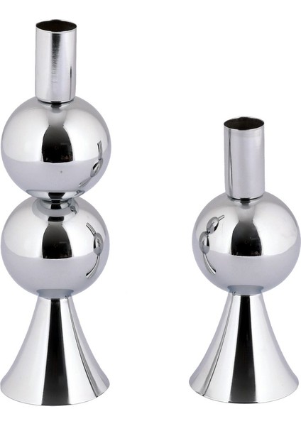 Elit 2'li Şamdan Seti Orta-Küçük Gümüş Renk Dekoratif Metal Mumluk fırsatları