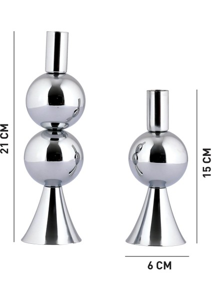 Elit 2'li Şamdan Seti Orta-Küçük Gümüş Renk Dekoratif Metal Mumluk indirimleri