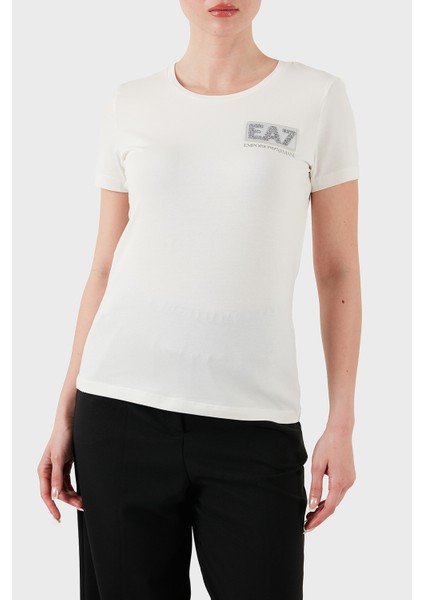 Taşlı Logolu Streç Pamuklu Regular Fit Yuvarlak Yaka T Shirt Bayan T Shirt 7W000492 AF10373 U0005