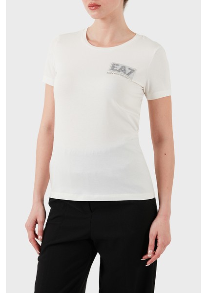 Taşlı Logolu Streç Pamuklu Regular Fit Yuvarlak Yaka T Shirt Bayan T Shirt 7W000492 AF10373 U0005