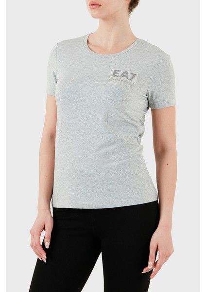 Taşlı Logolu Streç Pamuklu Regular Fit Yuvarlak Yaka T Shirt Bayan T Shirt 7W000492 AF10373 O8002