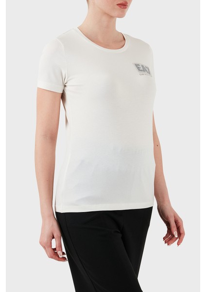Taşlı Logolu Streç Pamuklu Regular Fit Yuvarlak Yaka T Shirt Bayan T Shirt 7W000492 AF10373 U0005