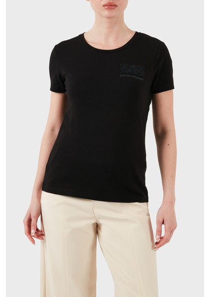 Taşlı Logolu Streç Pamuklu Regular Fit Yuvarlak Yaka T Shirt Bayan T Shirt 7W000492 AF10373 UC001
