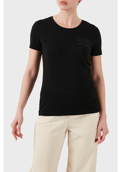 Taşlı Logolu Streç Pamuklu Regular Fit Yuvarlak Yaka T Shirt Bayan T Shirt 7W000492 AF10373 UC001