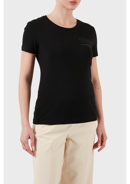 Taşlı Logolu Streç Pamuklu Regular Fit Yuvarlak Yaka T Shirt Bayan T Shirt 7W000492 AF10373 UC001