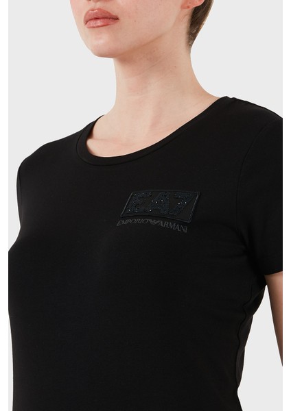 Taşlı Logolu Streç Pamuklu Regular Fit Yuvarlak Yaka T Shirt Bayan T Shirt 7W000492 AF10373 UC001