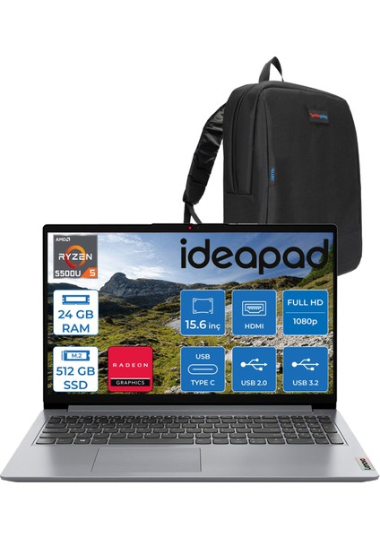 Ideapad 1 15ALC7 Amd Ryzen 5 5500U 24GB 512GB SSD Amd Radeon Graphics Freedos 15.6" Fullhd Taşınabilir Bilgisayar Gri 82R400S7TXF17 + Zetta Çanta