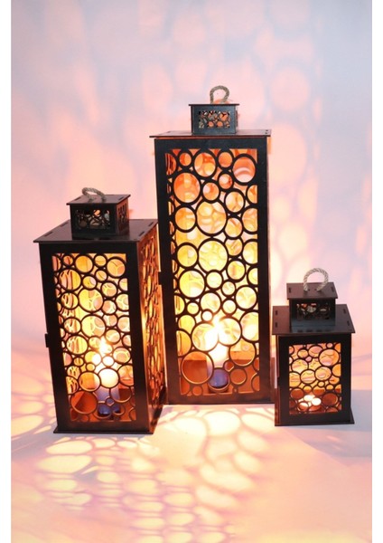 Ahşap Fener Mumluk Seti 3lü (Renk Siyah)