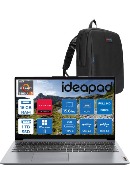 Ideapad 1 15ALC7 Amd Ryzen 5 5500U 16GB 1tb SSD Amd Radeon Graphics Windows 11 Home 15.6" Fullhd Taşınabilir Bilgisayar Gri 82R400S7TXH13 + Zetta Çanta