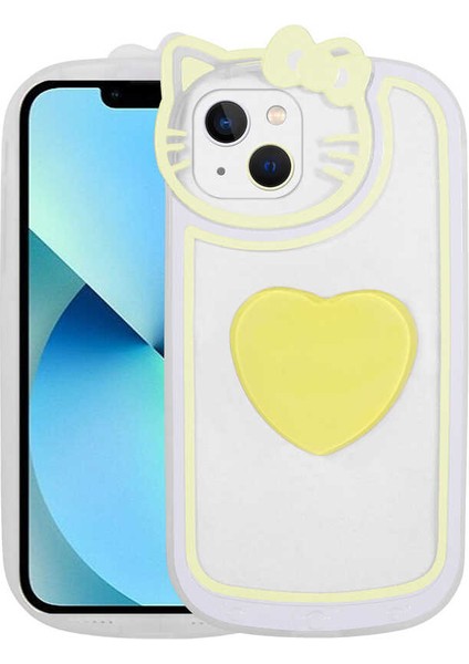 Apple iPhone 13 Uyumlu Kedi Figürlü Transparan Pop Soketli Ritmik Kapak-Sarı