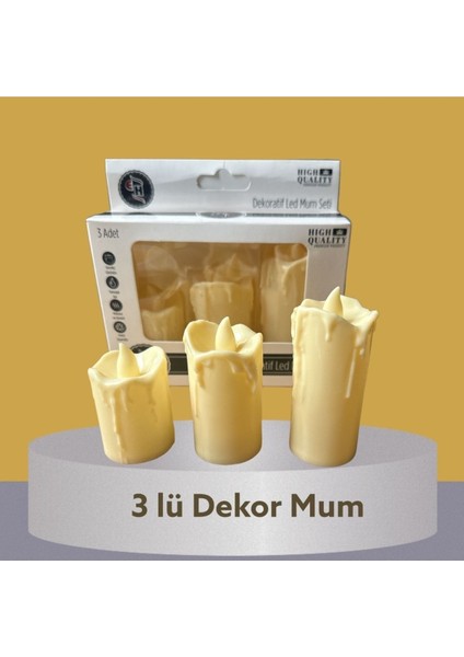 3'lü Krem Erimiş Görünümlü LED Mum - Pilli modelleri
