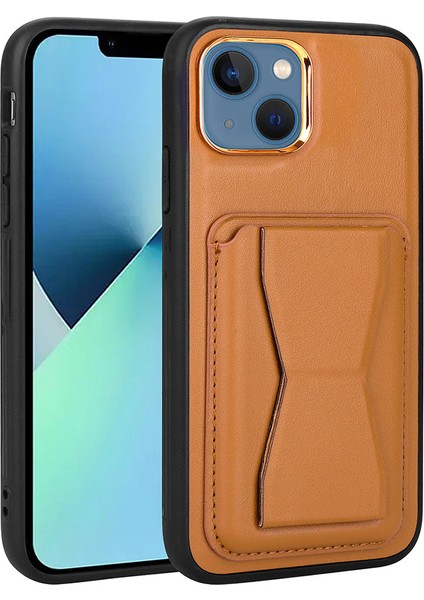 Apple iPhone 13 Uyumlu Kartlıklı Standlı ​pu Deri Memo Kapak-Kahve Açık