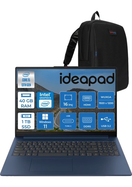 Ideapad Slim 3 16IRH10 Intel Core I5 13420H 40GB 1tb SSD Windows 11 Home 16" Wuxga (1920X1200) IPS 300NITS Taşınabilir Bilgisayar 83K2001RTRH08 + Zetta Çanta