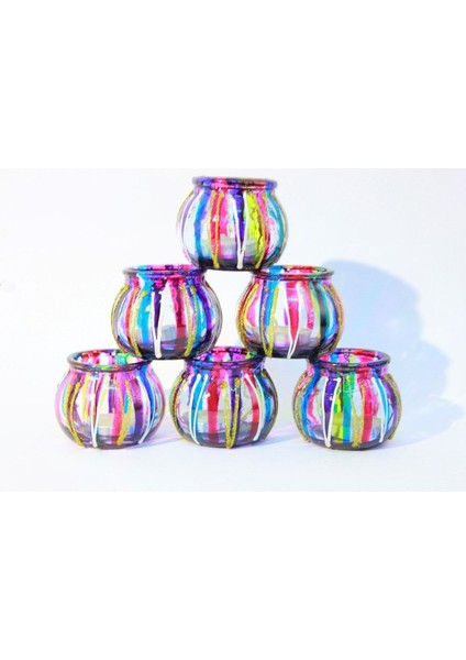 Cam Mumluk Tealight Vitray Desen 6 cm Çap 5 cm Yükseklik,6 Adet modelleri