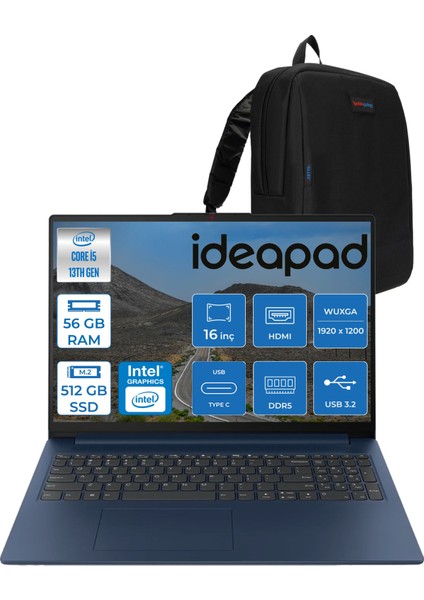 Ideapad Slim 3 16IRH10 Intel Core I5 13420H 56 GB 512 GB SSD Freedos 16" Wuxga (1920X1200) IPS 300NITS Taşınabilir Bilgisayar 83K2001RTRF10 + Zetta Çanta