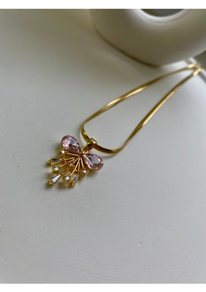 Fiyonklu Pembe Zirkon Taşlı Italyan Zincirli 316L Çelik Kolye Gold modelleri
