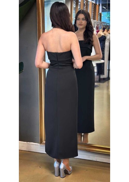 Siyah Yırtmaçlı Düz Kesim Krep Midi Abiye Elbise 7692