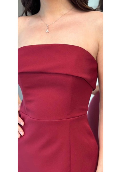 Bordo Yırtmaçlı Düz Kesim Krep Midi Abiye Elbise 7692