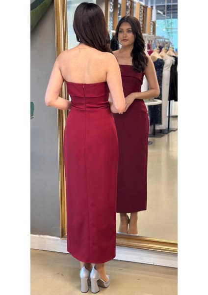 Bordo Yırtmaçlı Düz Kesim Krep Midi Abiye Elbise 7692