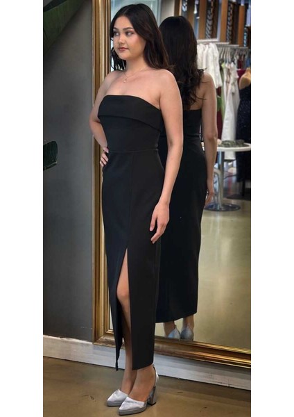 Siyah Yırtmaçlı Düz Kesim Krep Midi Abiye Elbise 7692 modelleri