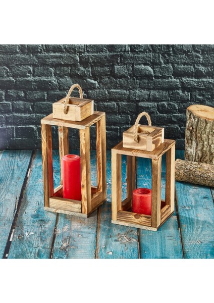 Hasır Ipli Ahşap 2'li Fener Mumluk